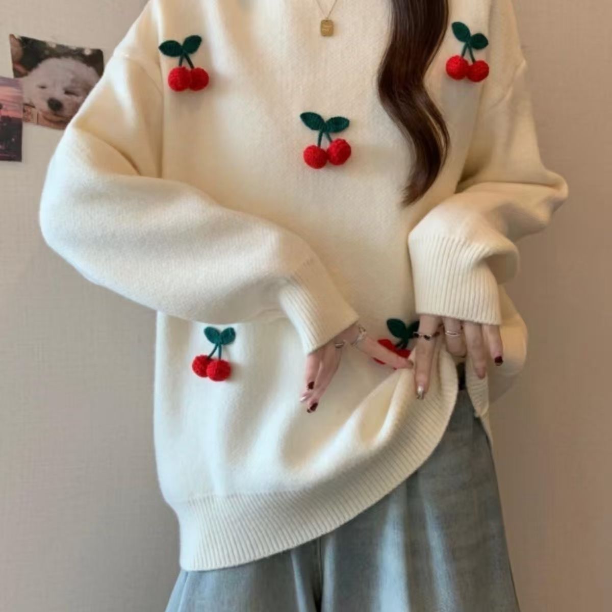 Womens Christmas Red Cherry Sweater For FallWinter