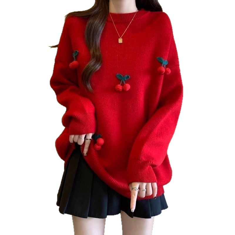 Womens Christmas Red Cherry Sweater For FallWinter